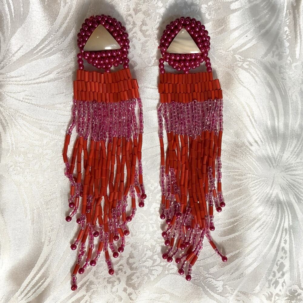 Artisan Sead And Bugle Bead Fringe Shoulder Duster Shell Inlay Clip On Earrings